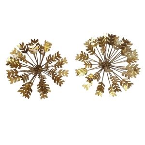 2 Gold Metal Leaf Round Urchin Snowflakes Wall Art MCM  3D Large Set Christmas